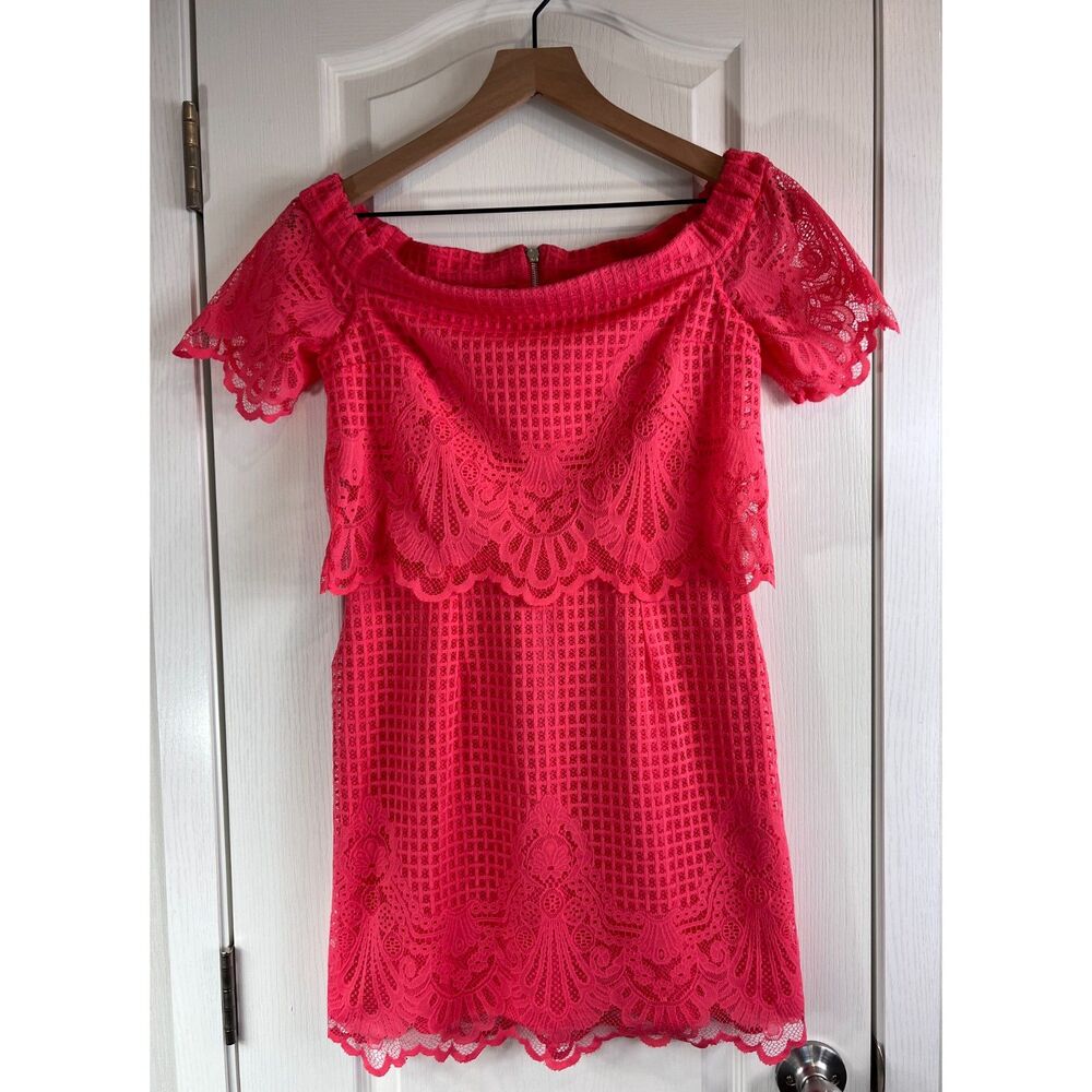 TOPSHOP Women's Coral Pink Lace Off Shoulder Mini Dress Size 6